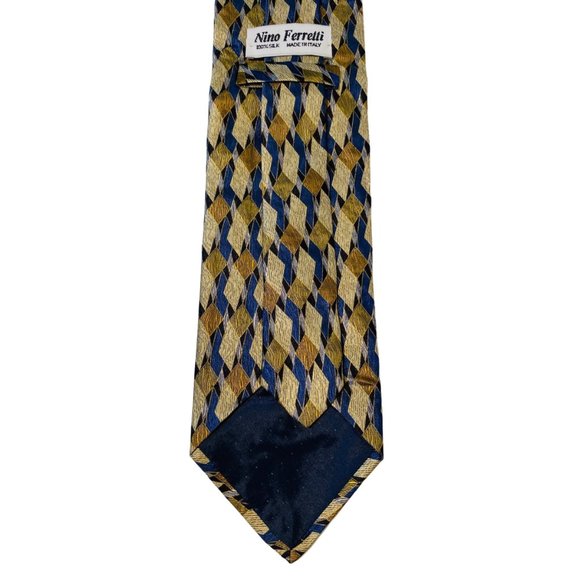 NINO FERRETI Blue & Gold Geometric & Diamond Print Vintage 100% Silk Tie | 57" - Picture 6 of 6